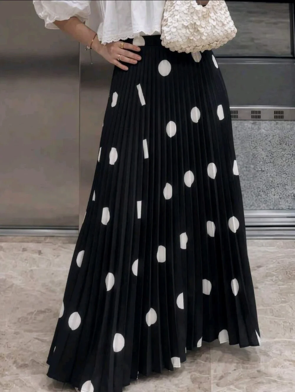 Women's Polka Dot Pleated Long Skirt, High Waist A-Line Full Skirt, Black And Wh